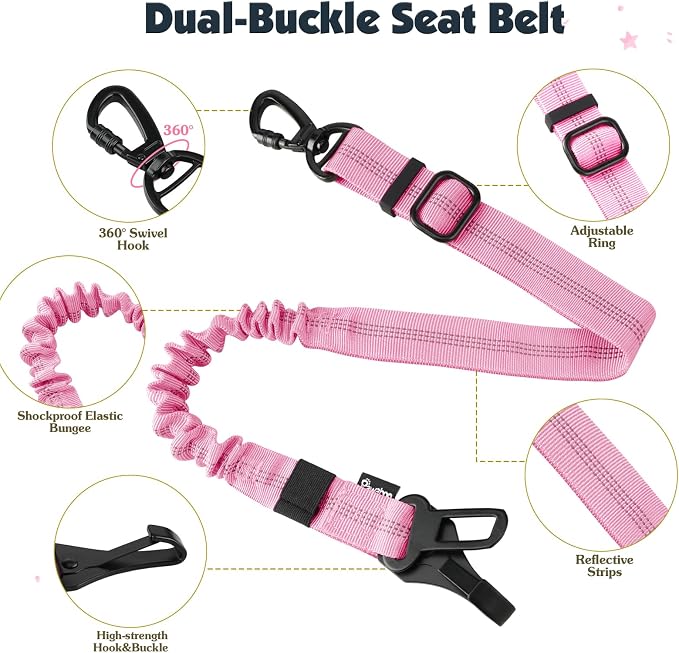 Pawaboo Dog Seat Belt Harness for Car, Dog Car Harness Seatbelt with Double Clips, Adjustable Breathable Pet Vest & Dogs Safety Tether with Elastic Bungee for Small Medium Large Pet, XL, Pink + Black