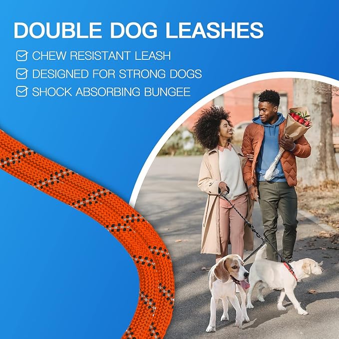 MingXpets Double Dog Leash, Dual Dog Leash, 360° Swivel Tangle Free Bungee Walking Training for Large Medium Dogs, Shock Absorbing Bungee Reflective for Two Dogs, 18~120 lbs, Orange