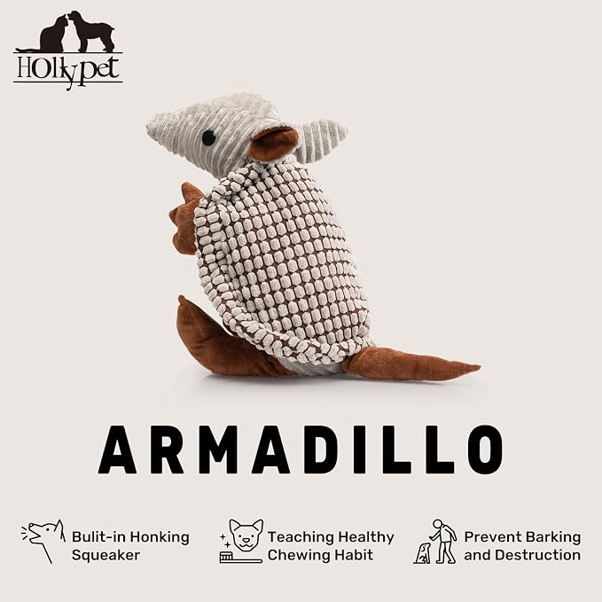 Hollypet Plush Dog Squeaky Toy Stuffed Armadillo Animal Pet Puppy Chew Toys with Clean Teeth for Small Medium Large All Breed Sizes Dogs, Gray Large, 14 in