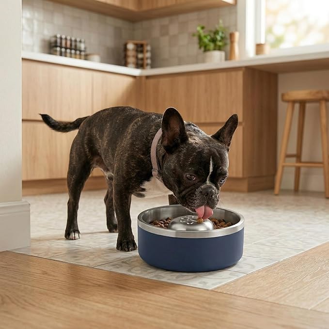 Stainless Steel Slow Feeder Dog Bowl, Heavy Duty Thickened Metal Dog Bowl, Non-Slip Base, Dishwasher Safe, Anti Gulping Feeding Bowl for Small to Medium Dogs & Cats, 56 oz, Dark Blue