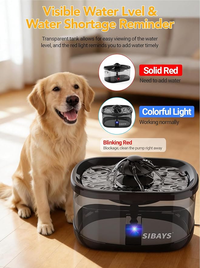 SIBAYS 9.5L/2.5Gal Dog Water Fountain, 3 Flow Modes Automatic Pet Water Fountain with LED Light & Water Shortage Reminder, Ultra Quiet Dog Water Bowl Dispenser for Large Dogs & Multi-Pet (FS82, Black)