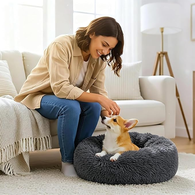 Calming Anti-Anxiety Donuts Dog And Cat Bed, Round Fluffy Soft Washable Small Medium Pet Bed For Puppy And Kitten, Cuddler Warming Comfortable Luxury Anti-Slip Waterproof Mute Base 24in Dark Gray