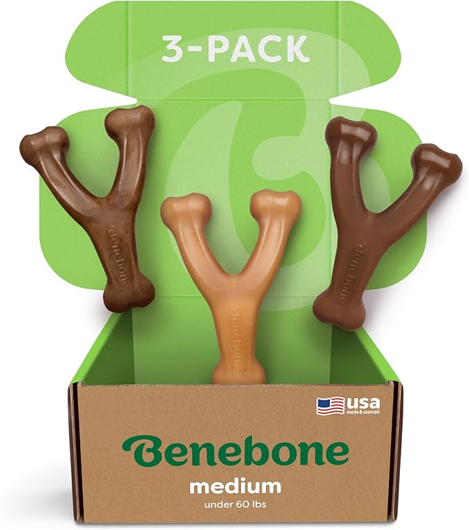 Benebone 3-Pack Wishbone Durable Dog Chew Toy for Aggressive Chewers, Variety Pack-Bacon, Chicken, Peanut Made in USA, Medium