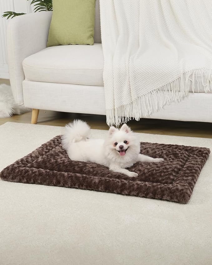 Washable Dog Bed Mat Crate Pad Soft Fluffy Pet Kennel Beds Dog Sleeping Mattress for Large Jumbo Medium Small Dogs, 30 x 19 Inch, Brown