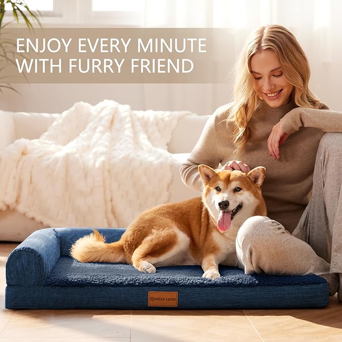 Patas Lague Orthopedic XL Dog Bed Large Sized Dog 48''X30'', Waterproof L Bolster Big Large Pet Sofa Beds with Removable Washable Cover, Soft Pet Couch Crate Mat with Nonskid Bottom, Navy Blue