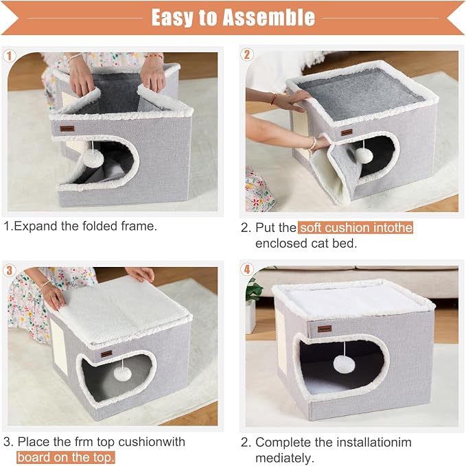 Garnpet Cat Bed for Indoor Cats Cube House, Covered Cat Cave Beds & Furniture with Scratch Pad and Hideaway Tent, Cute Modern Cat Condo for Multi Small Pet Large Kitten Kitty, Large, Dark Grey