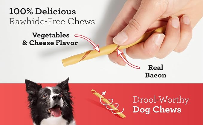 DreamBone Bacon and Cheese Twist Stick Dog Treats, Daily Rawhide-Free Chew, Digests Safely and Completely, With Real Protein, Bacon, Cheese and Veggies, 50 count