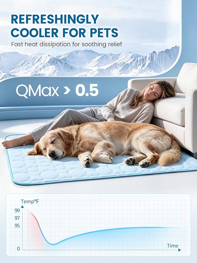 Mora Pets Dog Cooling Mat Pet Cooling Pad for Large Dogs & Cats Q-Max>0.5, Breathable Washable Self Cool Dog Mat for Indoor Floors, Crate, Sofa & Outdoor Use, Non Gel Summer Ice Silk Cold Pad L 41x28