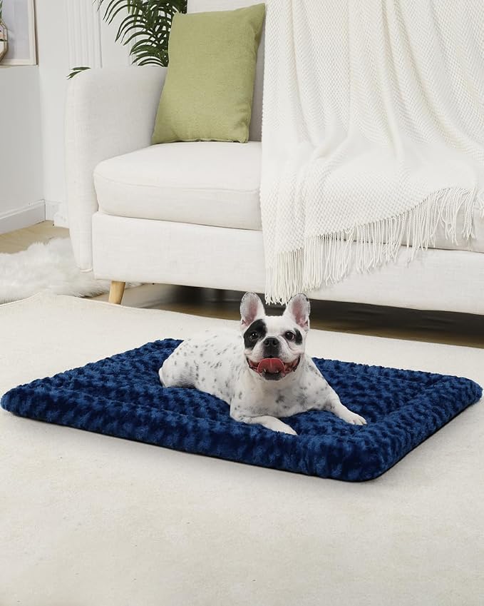Washable Dog Bed Mat Crate Pad Soft Fluffy Pet Kennel Beds Dog Sleeping Mattress for Large Jumbo Medium Small Dogs, 36 x 23 Inch, Blue