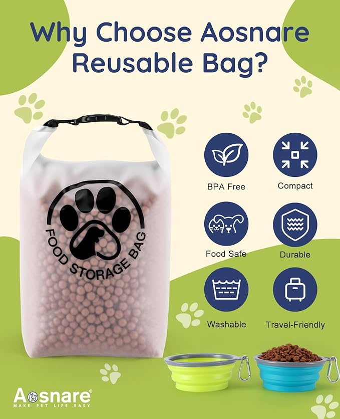 Pet Food Storage Bag for Travel - Transparent Leak-Proof Dog Food Container with Roll-Top Closure, Keeps Kibble Fresh for Camping Trip, Dog Boarding, Weekend Getaways (25 Cups+bowl)