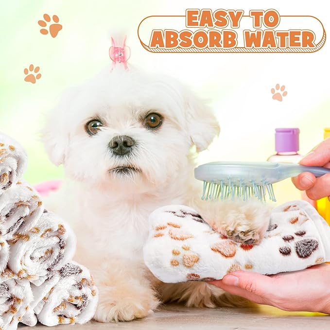Tegeme 12 Pcs Pet Blankets 23 x 16 Inch Soft Fluffy Fleece Dog Cat Warm Paw Print Pattern Blankets Flannel Throw for Pets Dog Puppy Cat(White)