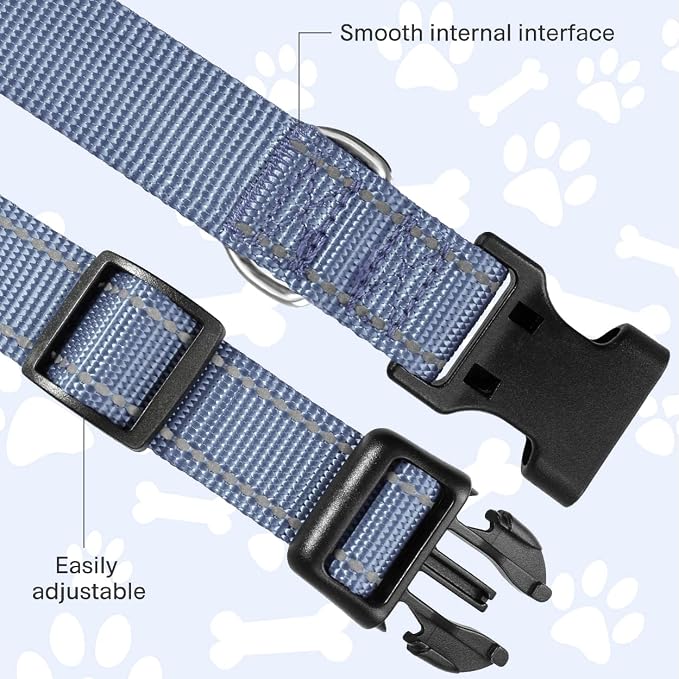 FunTags Length 10" - 16" Reflective Gray Dog Collar for Small Dogs – Night Walking & Training Safety, Durable Quick Release Buckle, Nylon, Comfortable Adjustable, Width 3/4"