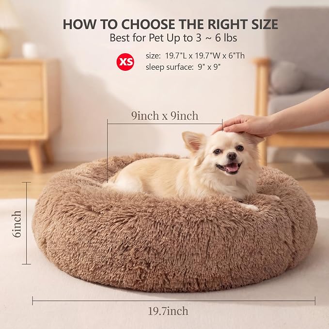 Calming Donut Dogs Beds for Small Dogs Washable,19inch Fluffy Round Puppy Bed for Puppies,Cats & Toy Breeds with Raised Rim,Fits up to 15 lbs Pets,Camel
