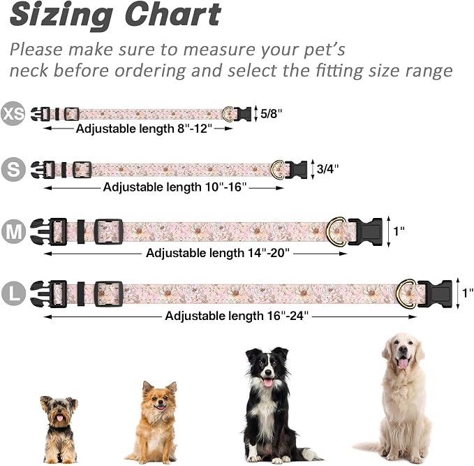 Reflective Dog Collar for Extra Small Dogs, Cute Flower Theme Adjustable Heavy-Duty Nylon Puppy Collar for Boy and Girl Female, Soft Pet Accessories with Quick Release Buckle, Neck 8-12", Pink