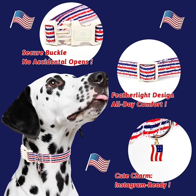 Maca Bates 4th of July Dog Collar with Flag Charm for Medium Girl Boy Dogs, Star Stripes Pattern,Pretty Adjustable Durable Collars Blue Independence Day Gift for Male Female Puppy