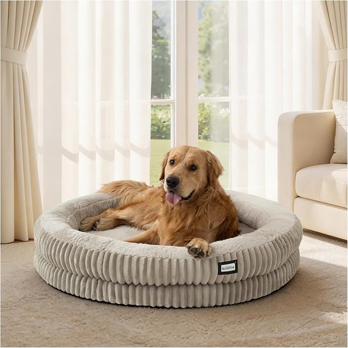 BALANCE Donut Dog Bed, 43 Inches Round Dog Bed Extra Large Size Dogs Washable, Orthopedic Calming Dogs Beds for Pets, Fluffy Plush Faux Fur Pet Bed with Anti-Slip Bottom