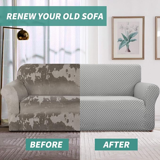 YEMYHOM Couch Cover Latest Jacquard Design High Stretch Extra Large Sofa Covers Pet Dog Cat Proof Oversized Slipcover Non Slip Magic Elastic Furniture Protector (X Large, Light Gray Checkered)