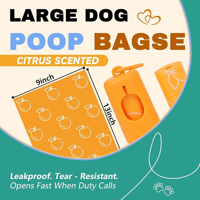 Citrus Scented Dog Poop Bags - 120 counts Orange Pet Waste Bags with Dispensers, Extra Large 13x9 Inch Leak-Proof Fragrance Bags for Dogs Walking and Cat Litter