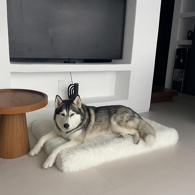 IHAPPYDOG Faux Fur Orthopedic Dog Bed, Memory Foam Rectangular Crate Bed for Large XL Dogs, Plush Furry Bed that Looks Like a Rug, Calming Bed for Senior Dogs, Washable Cover - White, Large 41"x27"