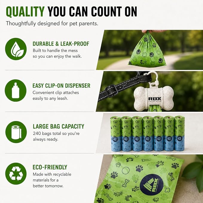 RBX Dog Poop Bags Rolls with Holder for Leash, 240 Poop Bags for Dogs with Clip-On Dispenser, Durable Leak-Proof Waste Bags, 16 Refill Rolls, Recyclable Material