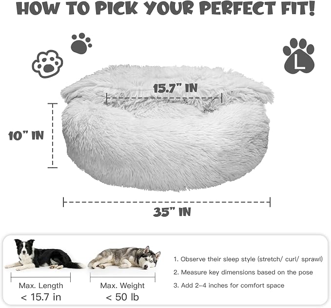 Himax Donut Dog Beds for Large Dogs with Blanket, Cozy Soft Fluffy Round Dogs Beds, Calming Dog Bed Washable (20"/26"/35") Light Grey