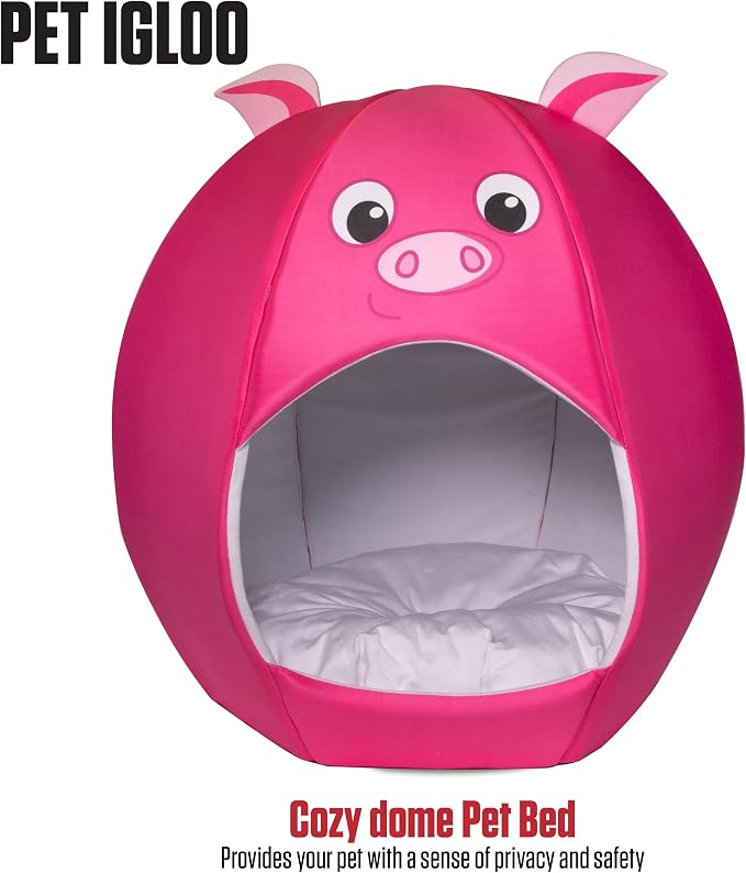 Maccabi Art Pig Theme Dog Bed - Cute Igloo Style Pet Bet - Fits Small Dogs, Puppies, Cats - Pillow Insert with Plush Lined Interrior, Non-Slip Igloo Design - 16 x 16 x 18