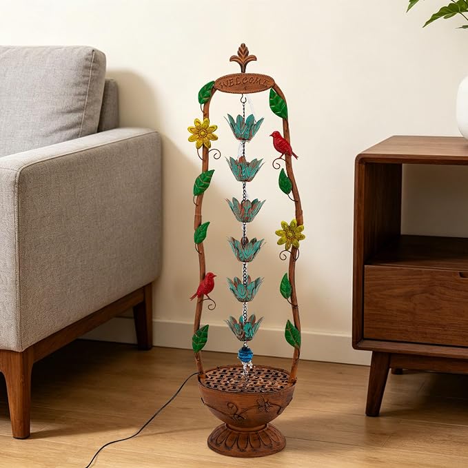 40.6" H Outdoor Tiered Water Fountain, Vintage Floor Standing Fountains with 6 Hanging Lotus Cups, Indoor Cascading Water Fountain Feature for Garden Yard Home Decor
