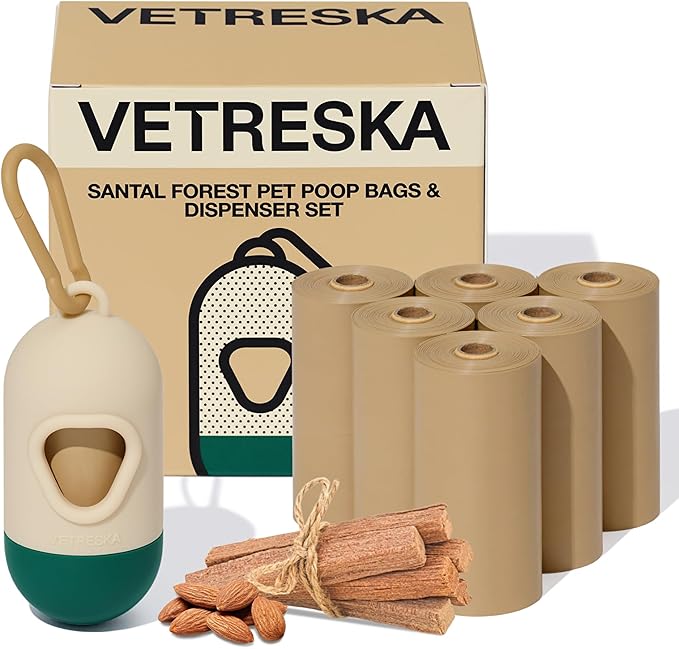 VETRESKA Dog Poop Bag with Dispenser, Leak Proof and Extra Thick Pet Waste Bags for Dog Walking and Cat Litter, Sandalwood & Almond Scented, 105 Count
