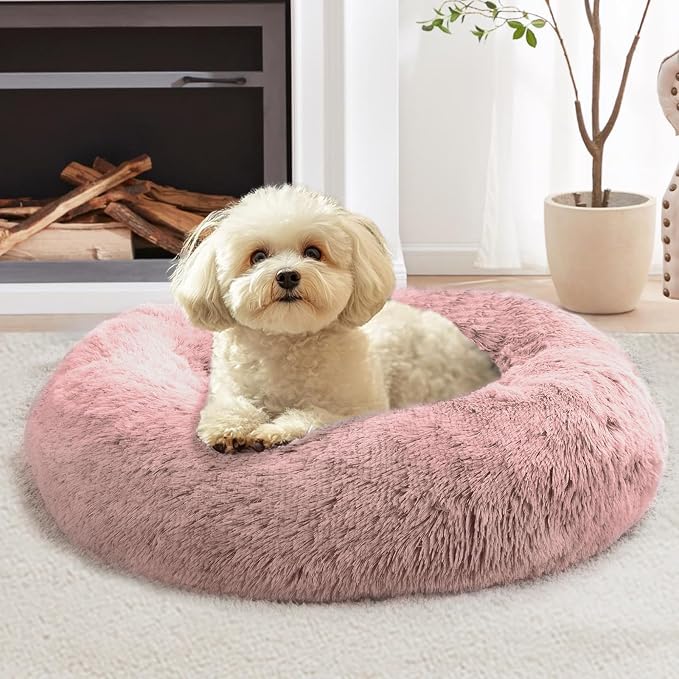 JOLLYVOGUE Calming Dog Bed Medium Size Dog, Anti-Anxiety Donut Medium Pet Bed, 27 inches Fluffy Faux Fur Round Cat Bed (Dark Pink)