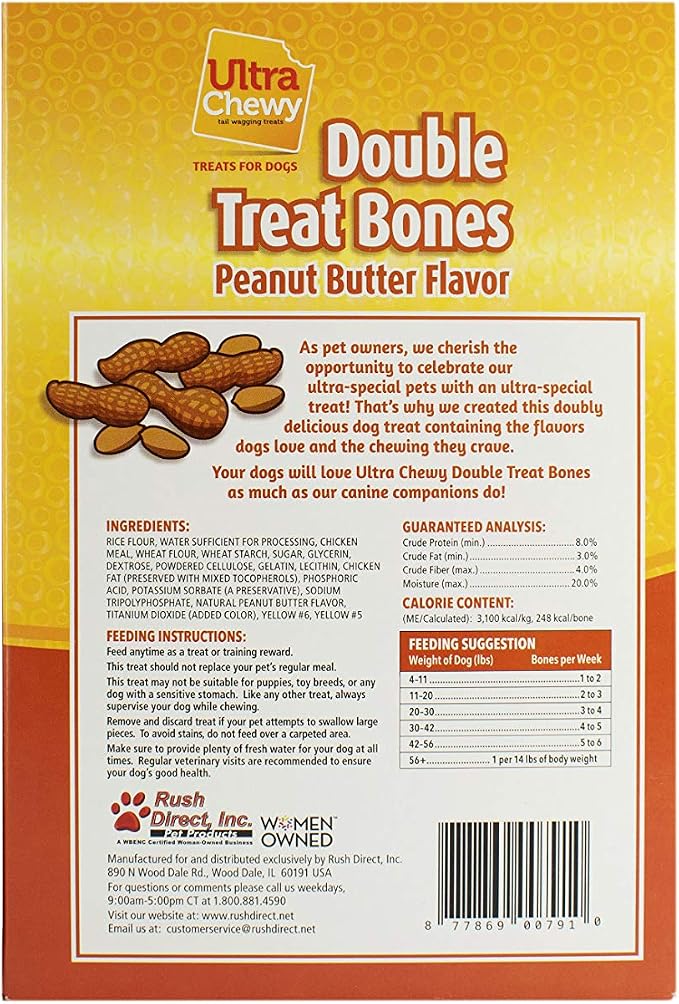 Ultra Chewy Peanut Butter Double Treat Bones: Long-Lasting Dog Treats Made in USA for Large and Small Breeds, Highly Digestible, Ideal for Aggressive Chewers (24 Count)