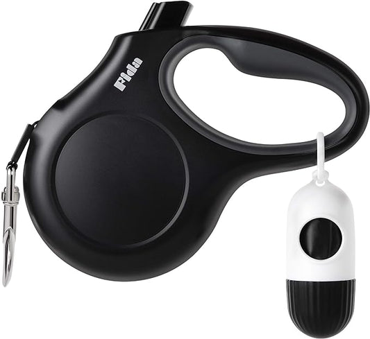 Fida Retractable Dog Leash with Dispenser and Poop Bags, 16 ft Pet Walking Leash for Large Dog up to 110 lbs, Anti-Slip Handle, Tangle-Free, Reflective Nylon Tape (L, Black)