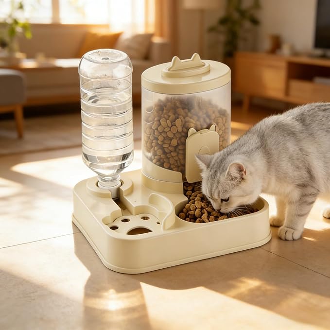 2 in 1 Automatic Pet Feeder Water Dispenser, Adjustable Elevated Raised Stand Feeder, Automatic Cat Feeder with Non Slip Base for Small Medium Dog Puppy Cat, Easy to Clean (Color A)