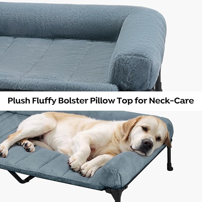 Veehoo Orthopedic Elevated Dog Bed with Fluffy Plush Bolster Cushion, Indoor Raised Dog Beds for Large Dogs, Soft Pet Sofa Cot with Removable Washable Mat, No-Slip Feet, 49 x 33 inches, Haze Blue