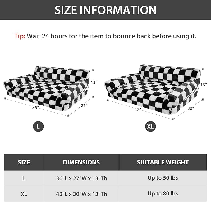 BFPETHOME Large Dog Couch Bed, Cute Pet Sofa with Non-Slip Bottom, Checkered Dog Bed with Washable Cover, XL Pet Couch (Black&White)