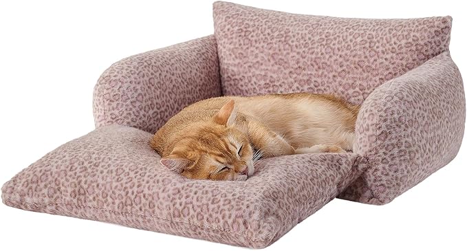 Hollypet Cat Bed Fluffy Plush Multifunctional Double-Layer Machine Washable Soft Warming Kitty Pet Couch Orthopedic Nest Beds for Small Cats Kitten and Dogs up to 13lbs, Pink Leopard(21x15x8 inch)