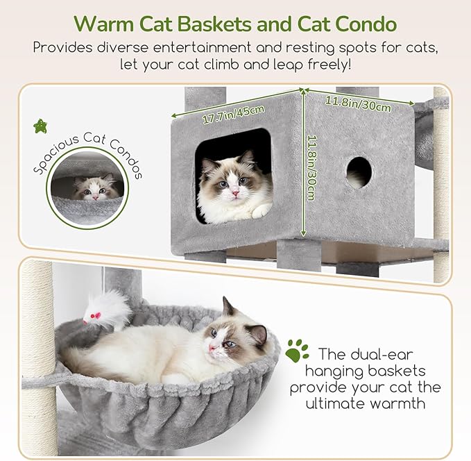 Globlazer 83in Heavy Duty Cat Tree, Giant Cat Tower with 2 Condos & 3 Hanging Baskets, Multi-Level Tall Cat Condo for Large Adult Cats, 7 Scratching Posts, F83C, Light Grey