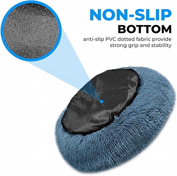 Whiskers & Friends Cat Beds for Indoor Cats, Fluffy Calming Donut Cat Bed, Small Dog Bed Washable - Orthopedic Soft Plush Pet Beds Sized for Kitten to Large Cats & Puppy to Medium Dogs, Navy Grey 31''