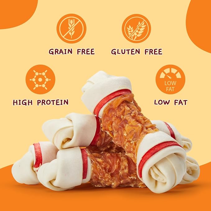 Jungle Calling Chicken Wrap Knotted Bones Dog Chews, Long Lasting Beefhide Treats Real Rawhide Bones for Large Dogs Edible Training Treats (Pack of 2)