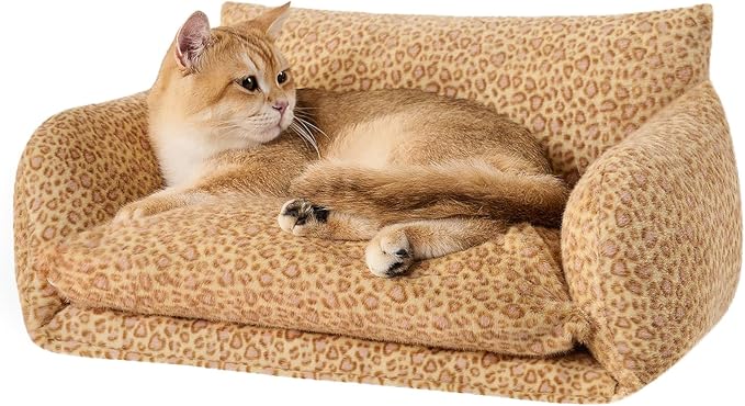 Hollypet Cat Bed Fluffy Plush Multifunctional Double-Layer Machine Washable Soft Warming Kitty Pet Couch Orthopedic Nest Beds for Small Cats Kitten and Dogs up to 13lbs, Yellow Leopard(21x15x8 inch)
