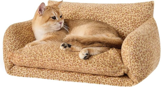 Hollypet Cat Bed Fluffy Plush Multifunctional Double-Layer Machine Washable Soft Warming Kitty Pet Couch Orthopedic Nest Beds for Small Cats Kitten and Dogs up to 13lbs, Yellow Leopard(21x15x8 inch)