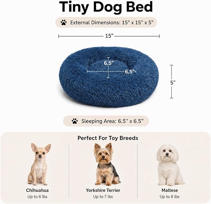 Tiny Dog Bed 15 Inch for Extra Small Dogs,Washable Puppy Bed,Soft Faux Fur Calming Donut Bed for Chihuahua Yorkie Maltese Pomeranian,Navy Blue