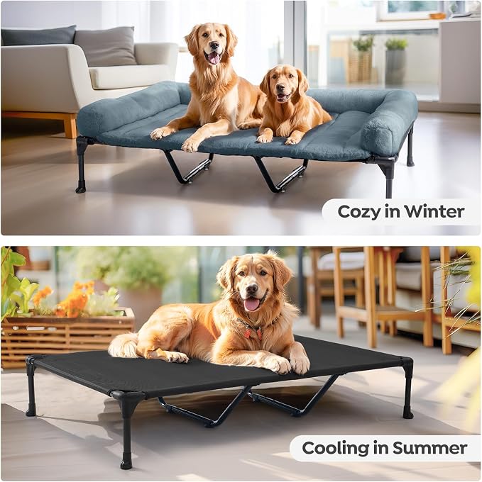 Veehoo Orthopedic Elevated Dog Bed with Fluffy Plush Bolster Cushion, Indoor Raised Dog Beds for Large Dogs, Soft Pet Sofa Cot with Removable Washable Mat, No-Slip Feet, 59 x 37 inches, Haze Blue