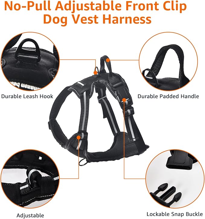 Amazon Basics No-Pull Dog Harness, Soft Padded Adjustable Vest with Reflective Stripes, Medium, Black