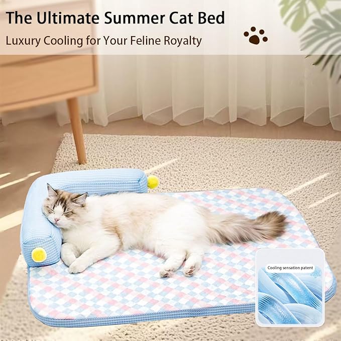 Cooling Cat Bed with Pillow – L-Shaped Sofa Design, Breathable Summer Mat for Kittens & Cats, Machine-Washable Cushion Calming Bed for Persian, Siamese, Small Pets (Blue, 25"x19"x4")