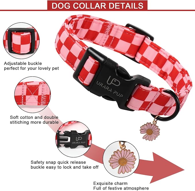 Red and Pink Plaid Dog Collarwith Bow Tie– Adjustable Red & Pink Checkered Dog Collar for Small Medium Large Dogs, Soft Xmas Plaid Puppy Collars with Quick Release Buckle L