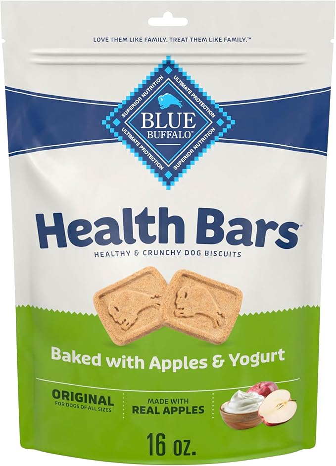 Blue Buffalo Health Bars Apples & Yogurt Crunchy Dog Biscuits, Oven-Baked with Real Apples & Natural Ingredients, Healthy Dog Treats with No Artificial Flavors or Preservatives, 16 oz.