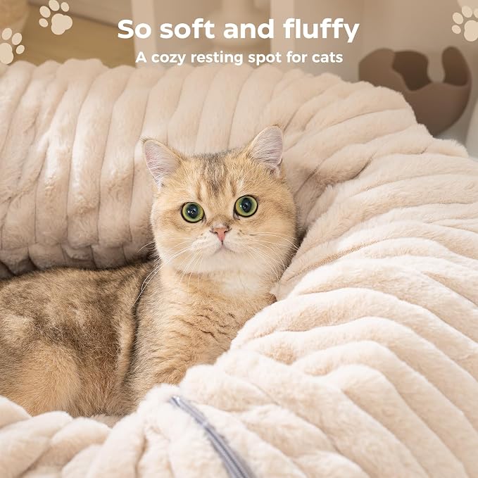 Avont Cat Tunnel Bed for Indoor Cats, Plush Fluffy Kitten Donut Tunnel 3 Shape to Play, Large Kitty Circle Tunnel Under Christmas Tree, Cat Play Toys Gift Ideas -Latte Short-Pile