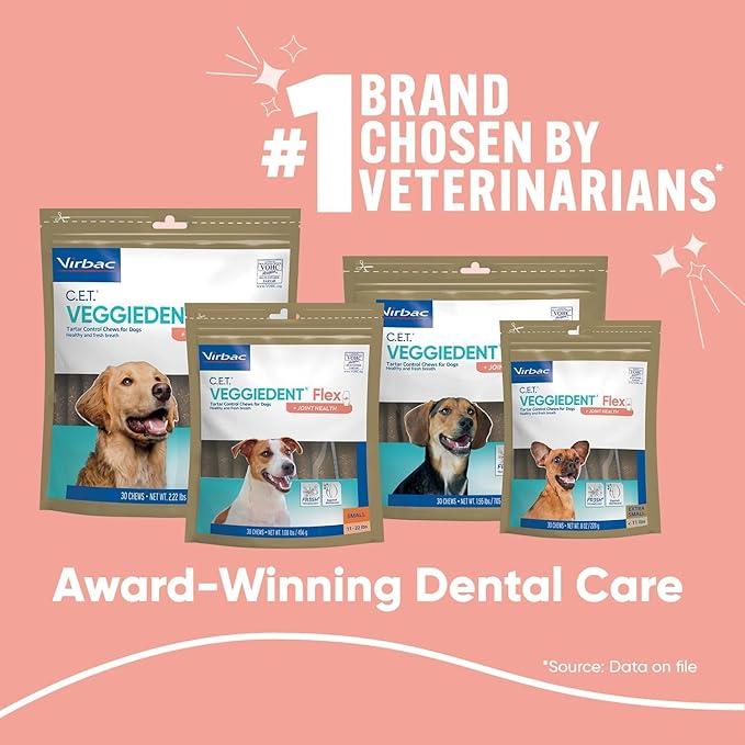 Virbac C.E.T.® VEGGIEDENT® Flex Tartar Control Chews for Dogs - Multifunctional to Support Joint Health, VOHC Approved - Small 11-22lbs