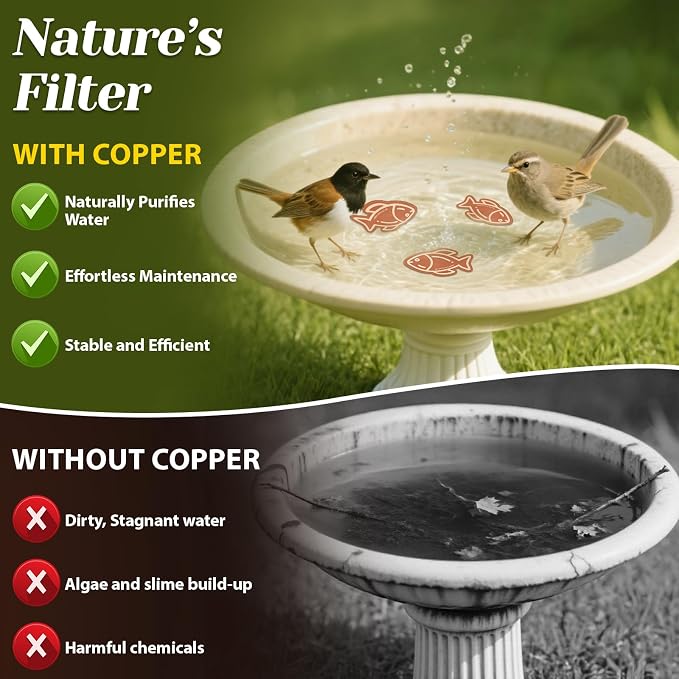 3Pcs Bird Bath Copper Purification Disk 99.99% Pure Copper Water Cleaning Discs 0.6mm Physical Clean Water for All-Season Universal Natural Fit for Outdoor Birdbaths, Bowls, Garden Fountain (Fish)
