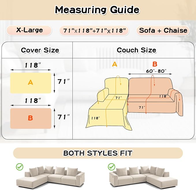 MYSKY HOME Couch Cover for Sectional Sofa, 2 Pieces Chenille Couch Covers for L Shape Sofa Cover, Furniture Protector for Pets, Kids, Sofa Slipcover for 2-3 Cushion Couch (71"x118"+71"x118", Beige)